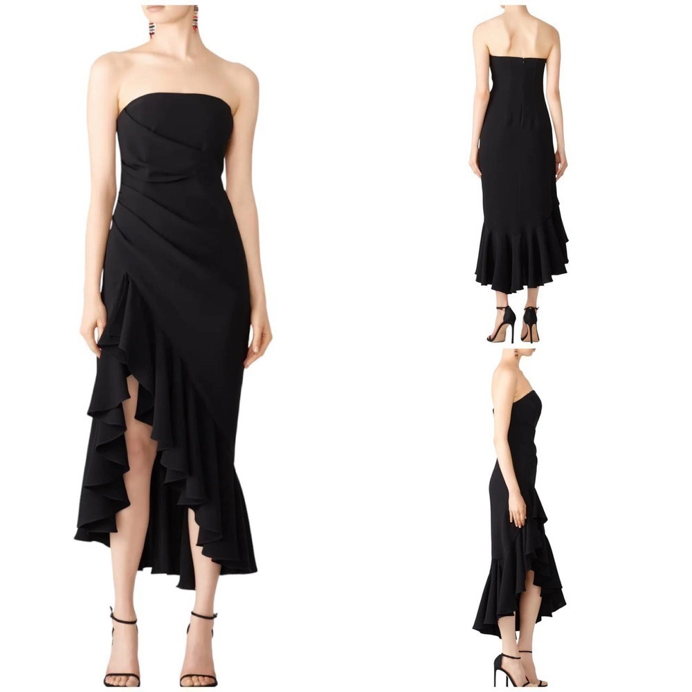 CINQ A SEPT Gramercy Black Strapless Ruffled Flounce Midi Dress Size 0